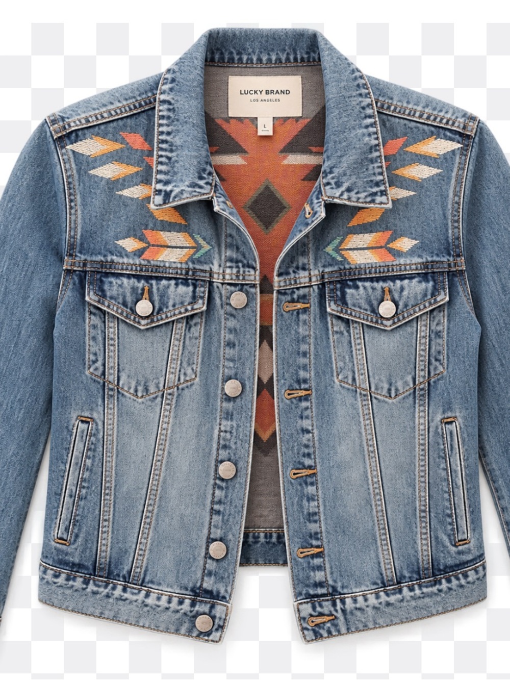 Lucky Brand Blue Denim Jacket with Southwestern Embroidery